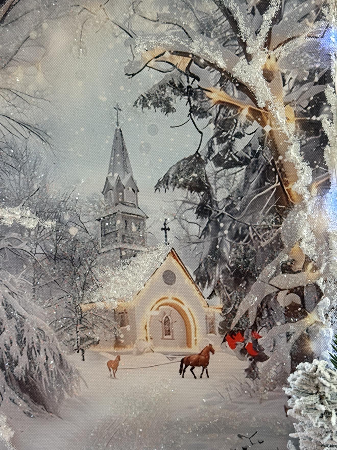 Wintery Snowscape Church and Horses